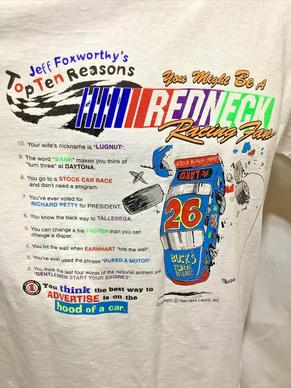 Vtg 1997 Jeff Foxworthy Redneck Racing Fan T Shirt Tee Jays Made USA White L